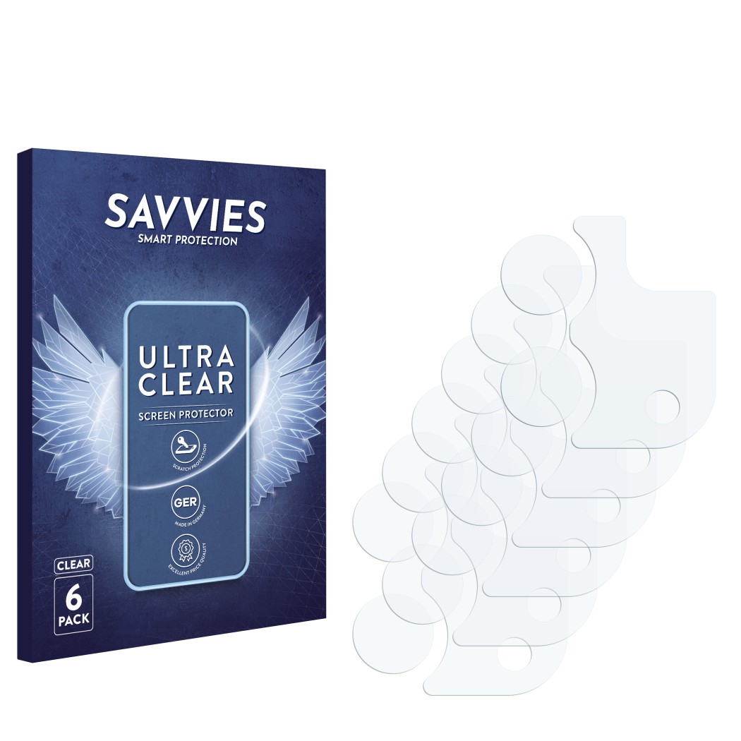 Face avant d’un emballage produit avec le logo de la marque Savvies. À côté se trouve la protection d’écran correspondante.