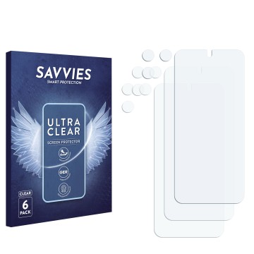 Face avant d’un emballage produit avec le logo de la marque Savvies. À côté se trouve la protection d’écran correspondante.