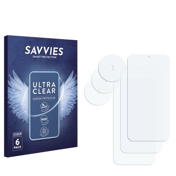 Parte frontale di una confezione del prodotto con il logo del marchio Savvies. Accanto si trova la protezione per lo schermo c