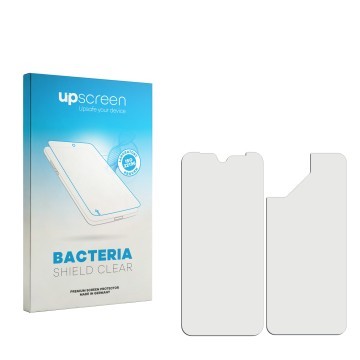 Parte frontal de un envase de producto con el logotipo de la marca upscreen. Al lado está el protector de pantalla correspondi