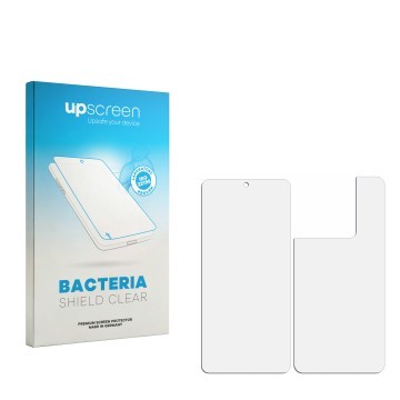 Face avant d’un emballage produit avec le logo de la marque upscreen. À côté se trouve la protection d’écran correspondante.