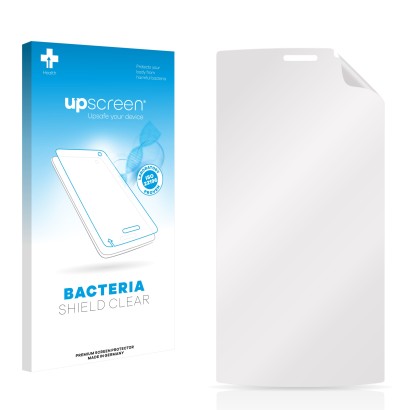 Parte frontal de un envase de producto con el logotipo de la marca upscreen. Al lado está el protector de pantalla correspondi