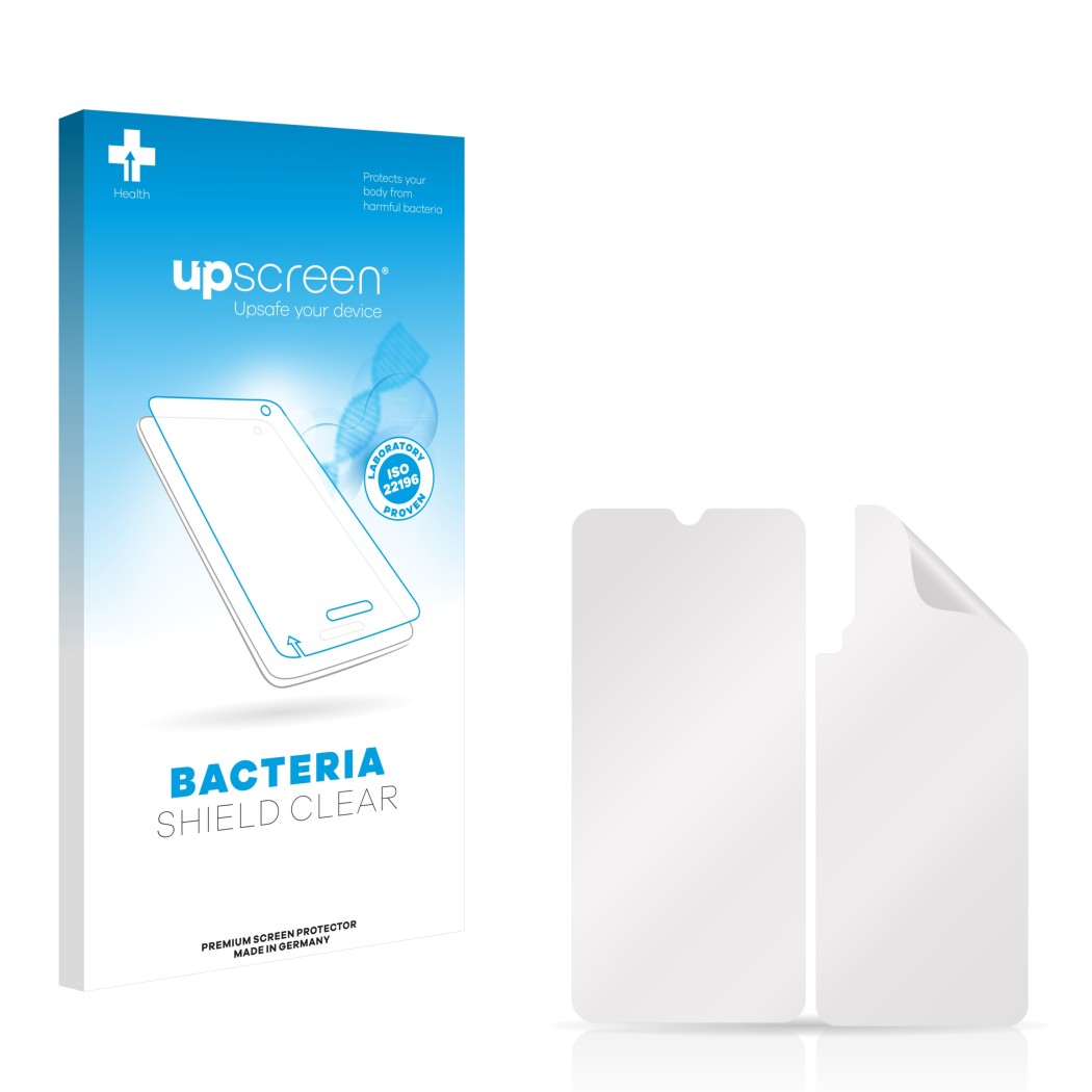 Front side of a product packaging with the brand logo upscreen. Next to it is the corresponding screen protector.