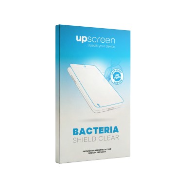 Parte frontale di una confezione del prodotto con il logo del marchio upscreen. Accanto si trova la protezione per lo schermo 