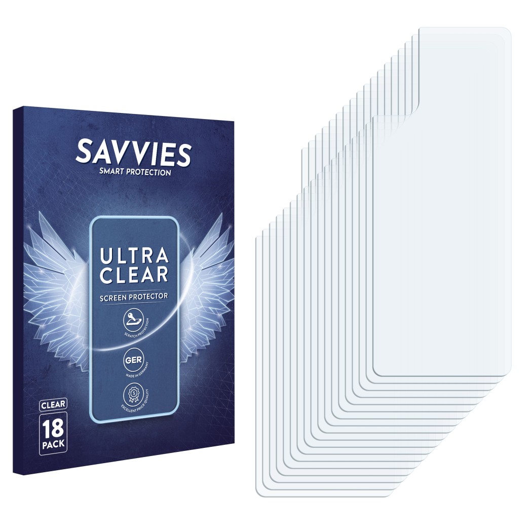 Front side of a product packaging with the brand logo Savvies. Next to it is the corresponding screen protector.
