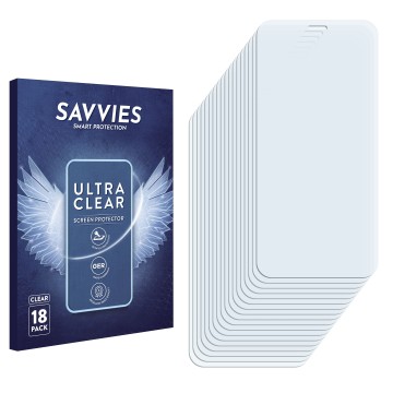 Face avant d’un emballage produit avec le logo de la marque Savvies. À côté se trouve la protection d’écran correspondante.