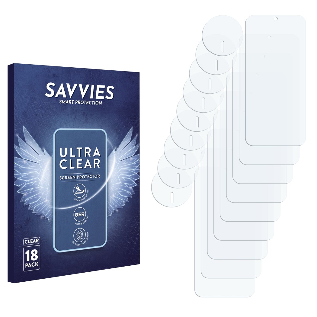 Front side of a product packaging with the brand logo Savvies. Next to it is the corresponding screen protector.