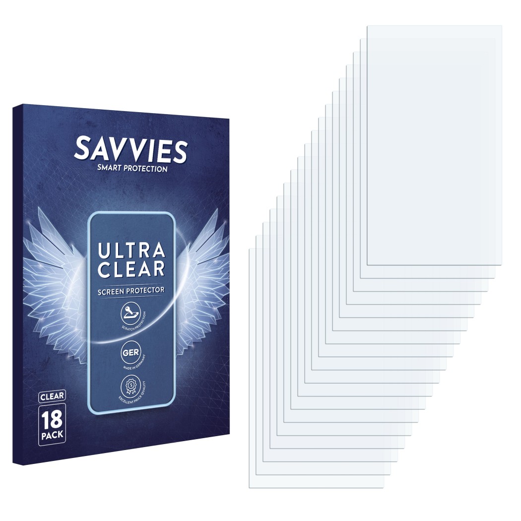 Front side of a product packaging with the brand logo Savvies. Next to it is the corresponding screen protector.