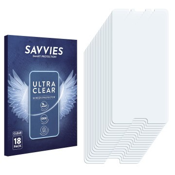 Vorderseite einer Produktverpackung mit dem Markenlogo Savvies. Daneben ist der zugehörige Displayschutz.
