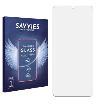 Vorderseite einer Produktverpackung mit dem Markenlogo Savvies. Daneben ist der zugehörige Displayschutz.