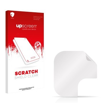 Vorderseite einer Produktverpackung mit dem Markenlogo upscreen. Daneben ist der zugehörige Displayschutz.