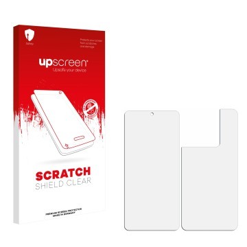 Face avant d’un emballage produit avec le logo de la marque upscreen. À côté se trouve la protection d’écran correspondante.