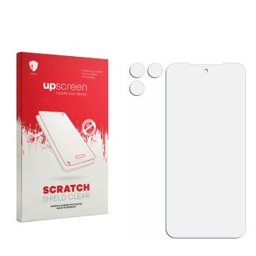 Parte frontal de un envase de producto con el logotipo de la marca upscreen. Al lado está el protector de pantalla correspondi