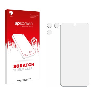 Parte frontale di una confezione del prodotto con il logo del marchio upscreen. Accanto si trova la protezione per lo schermo 