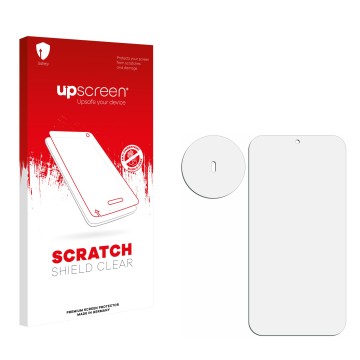 Vorderseite einer Produktverpackung mit dem Markenlogo upscreen. Daneben ist der zugehörige Displayschutz.