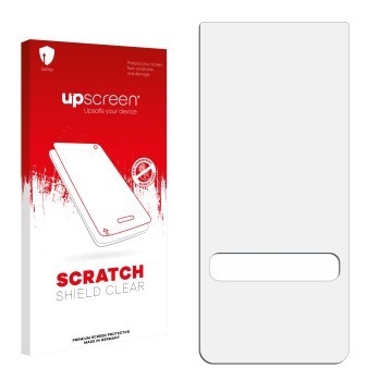 Vorderseite einer Produktverpackung mit dem Markenlogo upscreen. Daneben ist der zugehörige Displayschutz.