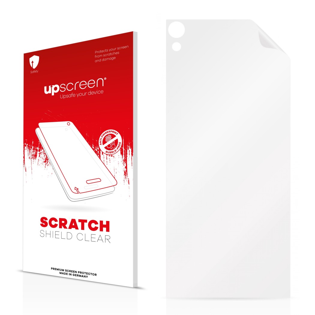 Parte frontal de un envase de producto con el logotipo de la marca upscreen. Al lado está el protector de pantalla correspondi