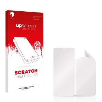 Parte frontal de un envase de producto con el logotipo de la marca upscreen. Al lado está el protector de pantalla correspondi