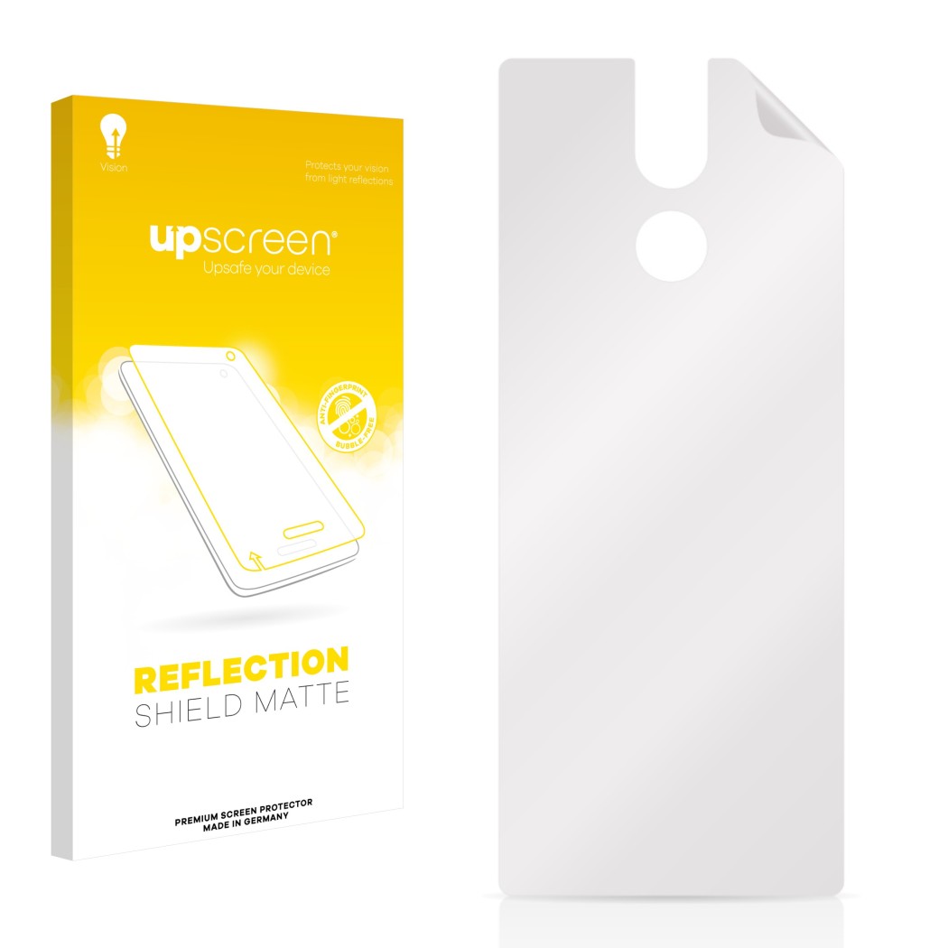 Parte frontal de un envase de producto con el logotipo de la marca upscreen. Al lado está el protector de pantalla correspondi