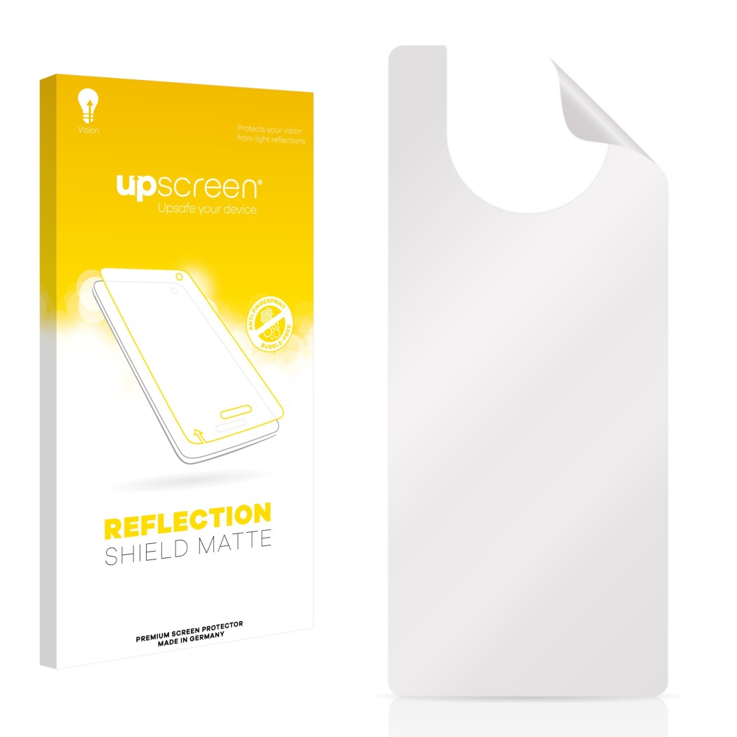 Face avant d’un emballage produit avec le logo de la marque upscreen. À côté se trouve la protection d’écran correspondante.