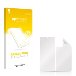 Parte frontal de un envase de producto con el logotipo de la marca upscreen. Al lado está el protector de pantalla correspondi