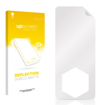 Parte frontal de un envase de producto con el logotipo de la marca upscreen. Al lado está el protector de pantalla correspondi