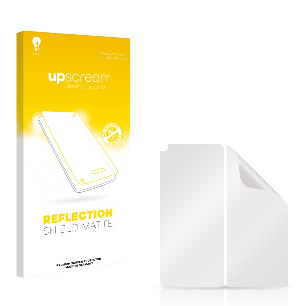 Parte frontale di una confezione del prodotto con il logo del marchio upscreen. Accanto si trova la protezione per lo schermo 