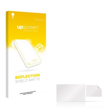 Vorderseite einer Produktverpackung mit dem Markenlogo upscreen. Daneben ist der zugehörige Displayschutz.