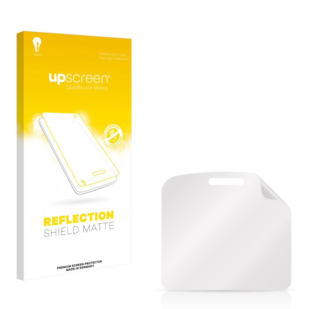 Vorderseite einer Produktverpackung mit dem Markenlogo upscreen. Daneben ist der zugehörige Displayschutz.