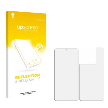 Vorderseite einer Produktverpackung mit dem Markenlogo upscreen. Daneben ist der zugehörige Displayschutz.