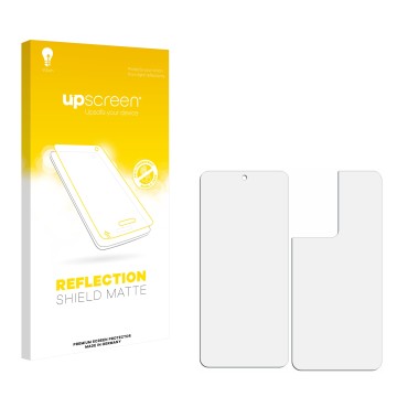 Vorderseite einer Produktverpackung mit dem Markenlogo upscreen. Daneben ist der zugehörige Displayschutz.