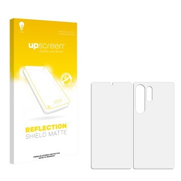 Face avant d’un emballage produit avec le logo de la marque upscreen. À côté se trouve la protection d’écran correspondante.