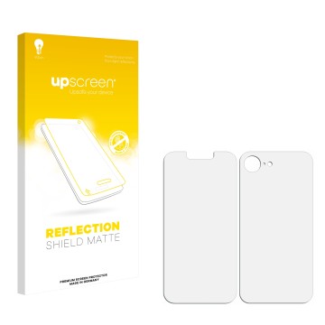 Face avant d’un emballage produit avec le logo de la marque upscreen. À côté se trouve la protection d’écran correspondante.