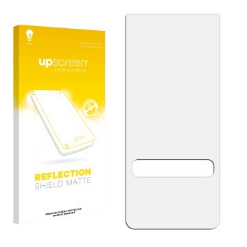 Vorderseite einer Produktverpackung mit dem Markenlogo upscreen. Daneben ist der zugehörige Displayschutz.
