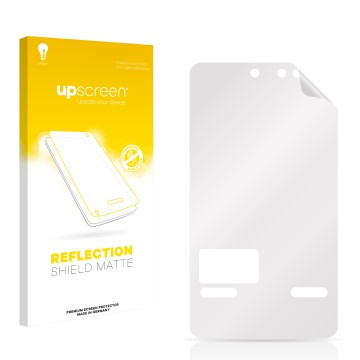 Vorderseite einer Produktverpackung mit dem Markenlogo upscreen. Daneben ist der zugehörige Displayschutz.