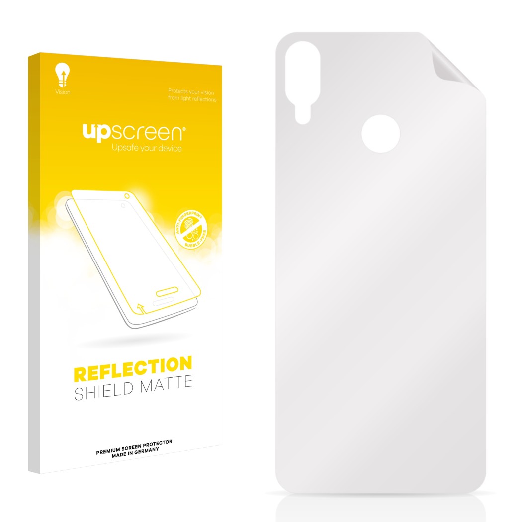 Vorderseite einer Produktverpackung mit dem Markenlogo upscreen. Daneben ist der zugehörige Displayschutz.