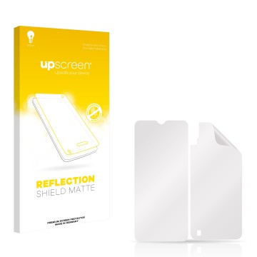 Vorderseite einer Produktverpackung mit dem Markenlogo upscreen. Daneben ist der zugehörige Displayschutz.