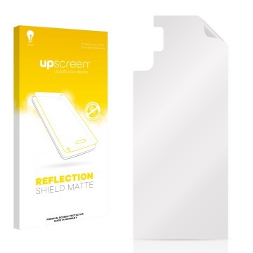 Parte frontal de un envase de producto con el logotipo de la marca upscreen. Al lado está el protector de pantalla correspondi