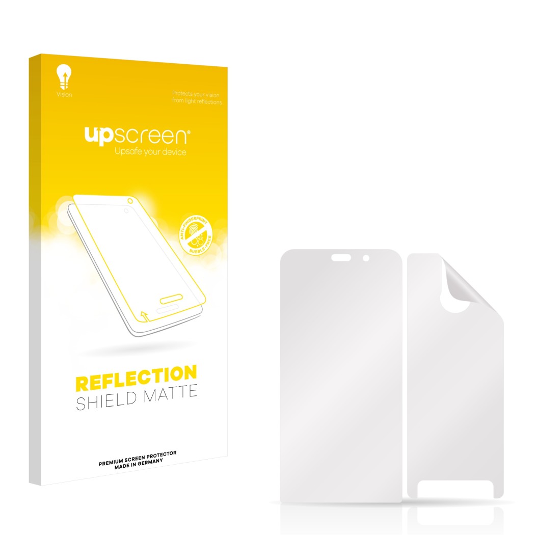 Front side of a product packaging with the brand logo upscreen. Next to it is the corresponding screen protector.