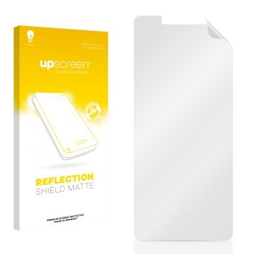 Parte frontal de un envase de producto con el logotipo de la marca upscreen. Al lado está el protector de pantalla correspondi