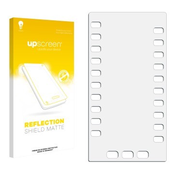 Vorderseite einer Produktverpackung mit dem Markenlogo upscreen. Daneben ist der zugehörige Displayschutz.