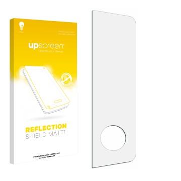 Vorderseite einer Produktverpackung mit dem Markenlogo upscreen. Daneben ist der zugehörige Displayschutz.