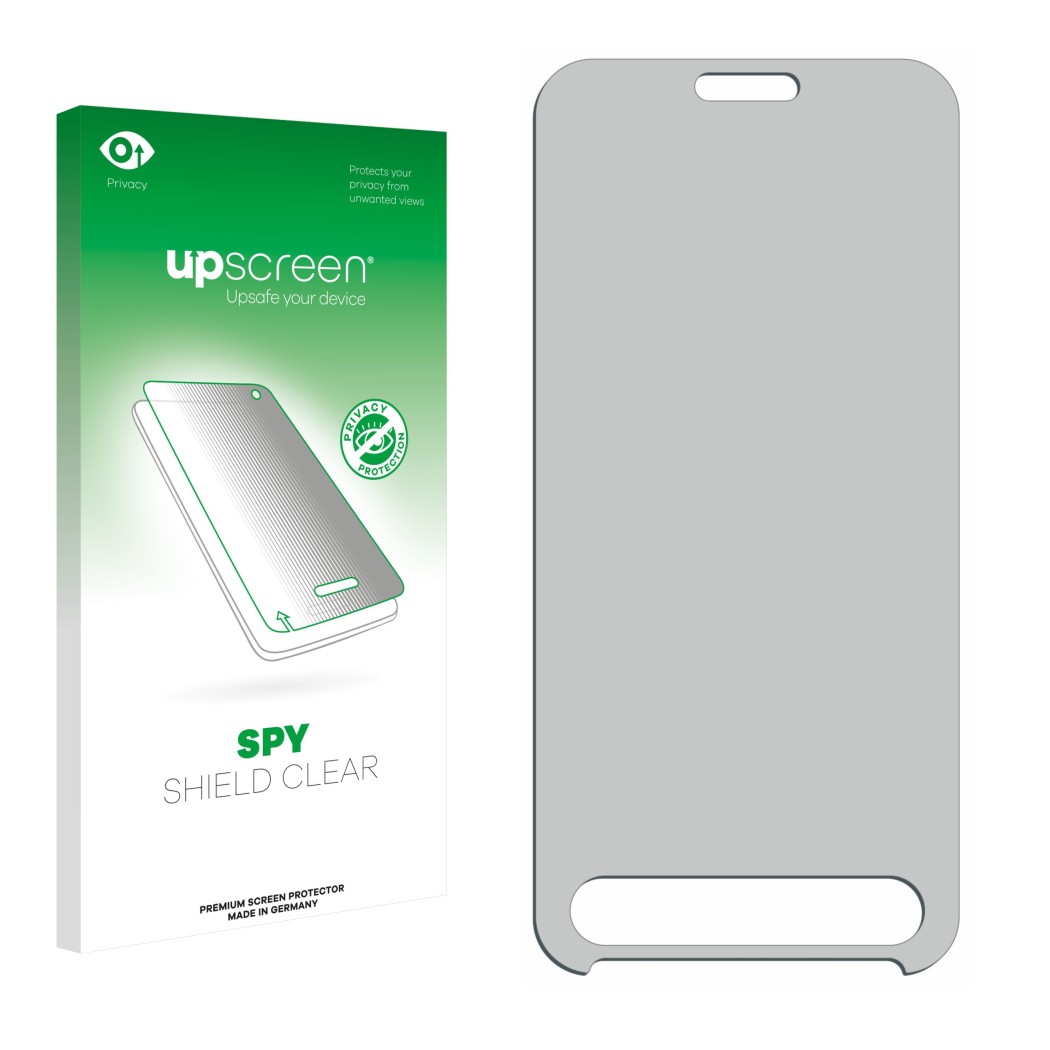 Vorderseite einer Produktverpackung mit dem Markenlogo upscreen. Daneben ist der zugehörige Displayschutz.