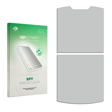 Parte frontal de un envase de producto con el logotipo de la marca upscreen. Al lado está el protector de pantalla correspondi