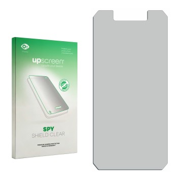 Parte frontal de un envase de producto con el logotipo de la marca upscreen. Al lado está el protector de pantalla correspondi