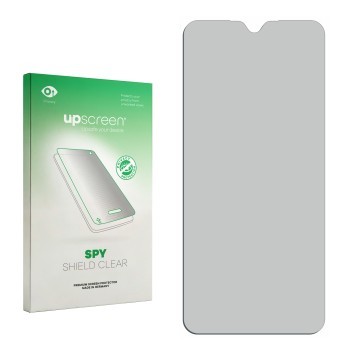 Parte frontal de un envase de producto con el logotipo de la marca upscreen. Al lado está el protector de pantalla correspondi