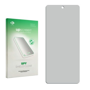 Face avant d’un emballage produit avec le logo de la marque upscreen. À côté se trouve la protection d’écran correspondante.