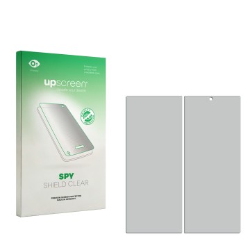 Face avant d’un emballage produit avec le logo de la marque upscreen. À côté se trouve la protection d’écran correspondante.