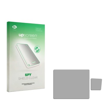 Parte frontal de un envase de producto con el logotipo de la marca upscreen. Al lado está el protector de pantalla correspondi
