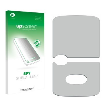 Vorderseite einer Produktverpackung mit dem Markenlogo upscreen. Daneben ist der zugehörige Displayschutz.